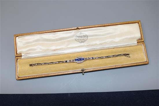 A 1930's/1940's? 18ct white gold, sapphire and diamond set expanding bracelet, 15.5cm.